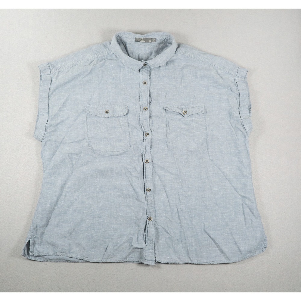 Prana Womens Shirt 1X Blue Chambray Button Down Cuffed Cap Sleeve Boho Top
